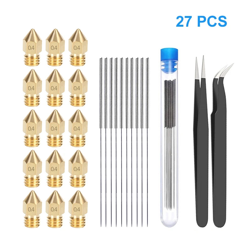 3D Printer Nozzle Cleaning Kit – 27pcs ESD Tweezers, Needles & MK8 Nozzles for CR-10 / Ender 3