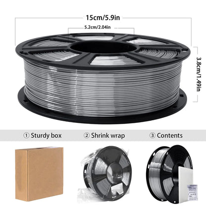 Silk PLA Filament 1.75mm – 250g Shiny Red, Blue, Green, White, Gold, Silver & Black