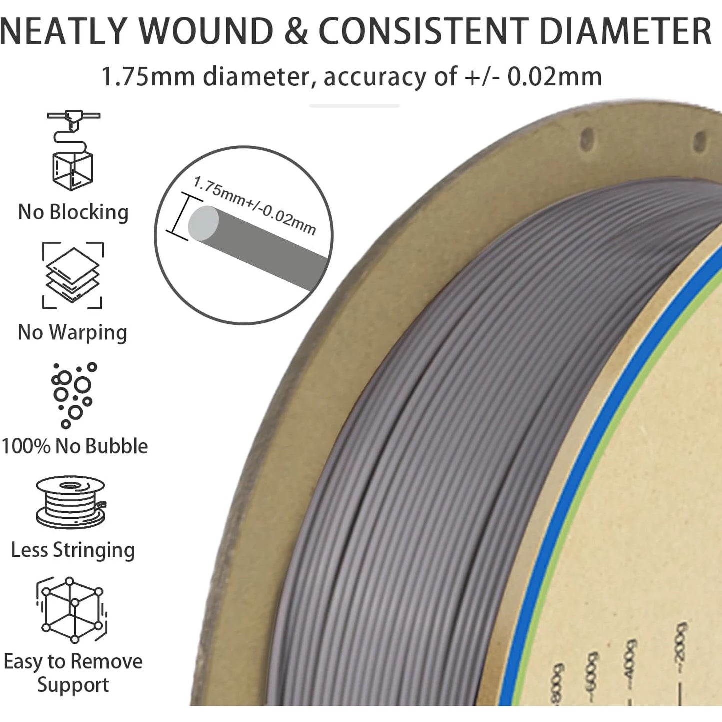 PLA+2.0 Filament 1.75mm Gray – 1kg Upgraded Tougher & Stronger PLA Plus for FDM 3D Printers