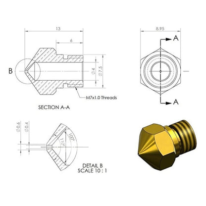 MK10 Hotend Kit – M7 Nozzle, Aluminium Heat Block & PTFE Tube for 3D Printers