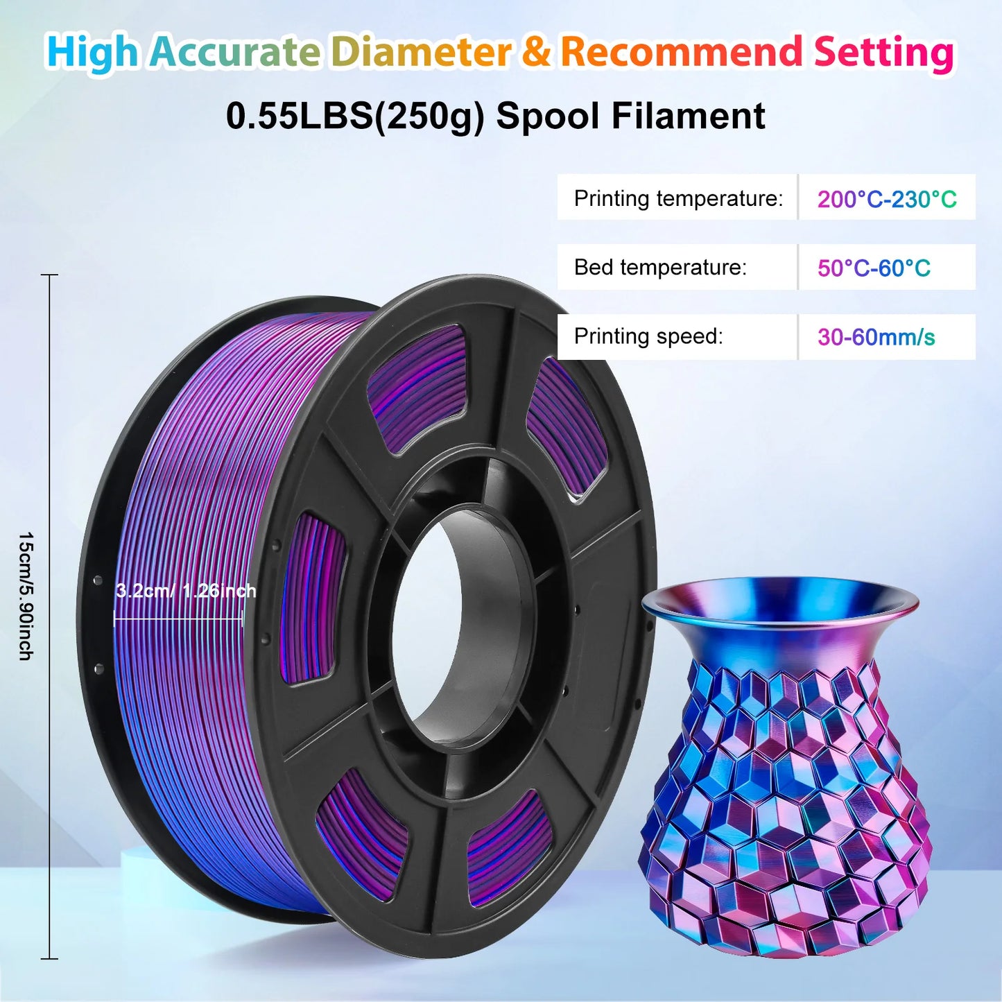 Silk PLA Filament 1.75mm – Dual Color Blue & Purple 250g for FDM 3D Printers