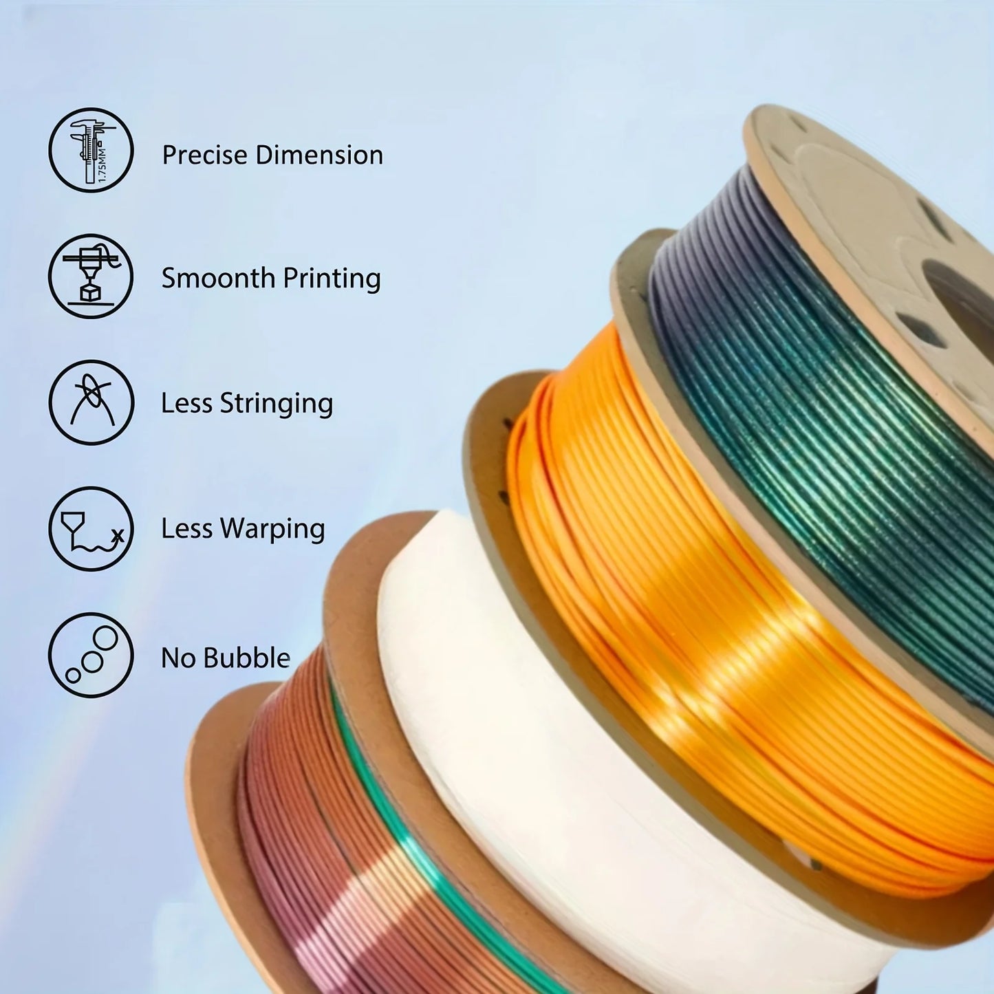 Silk PLA Filament Bundle 1.75mm – 1kg Total ±0.03mm Dimensional Accuracy for FDM 3D Printers
