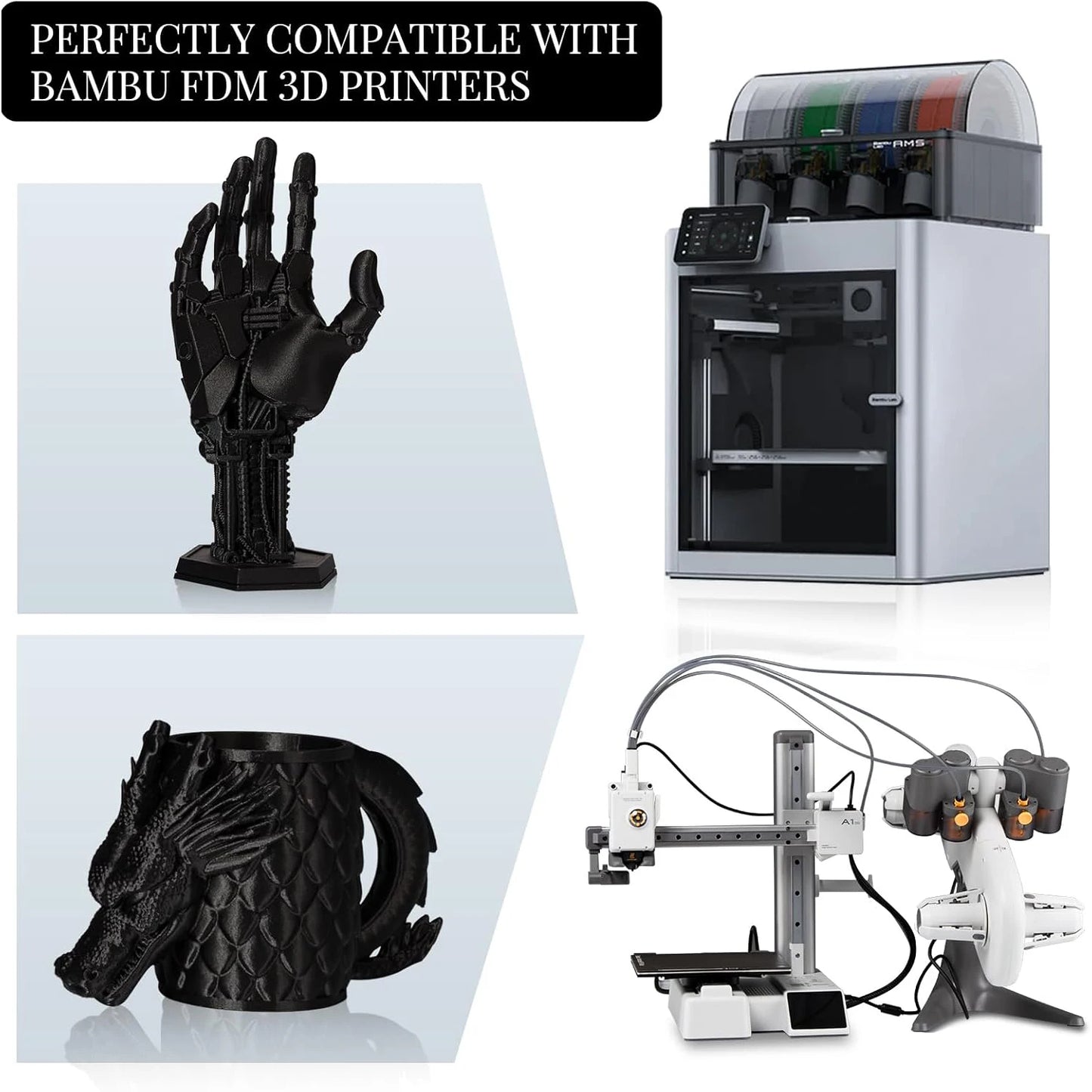 PLA+ Filament 1.75mm Black – 1kg Neatly Wound ±0.02mm High-Strength 3D Printer Filament