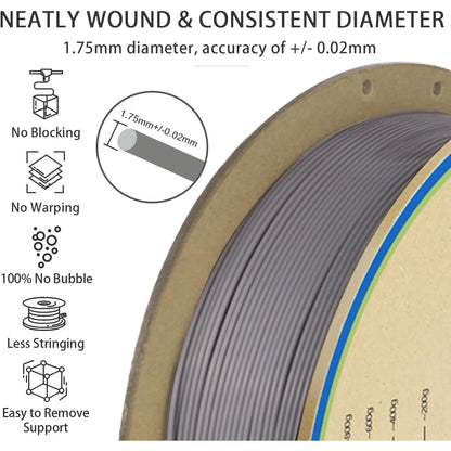 PLA+ Filament 1.75mm Gray – 1kg Neatly Wound ±0.02mm High-Strength 3D Printer Filament