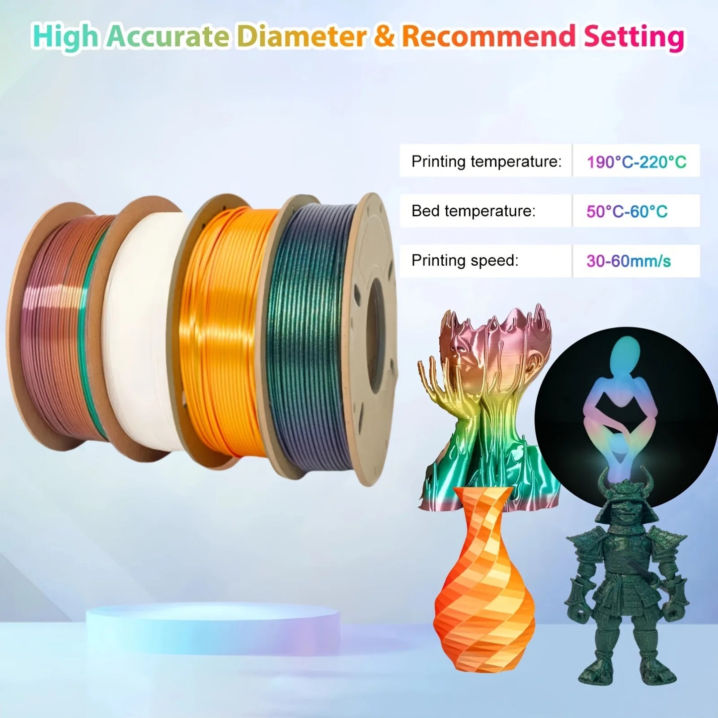 Silk PLA Filament Bundle 1.75mm – 1kg Total ±0.03mm Dimensional Accuracy for FDM 3D Printers